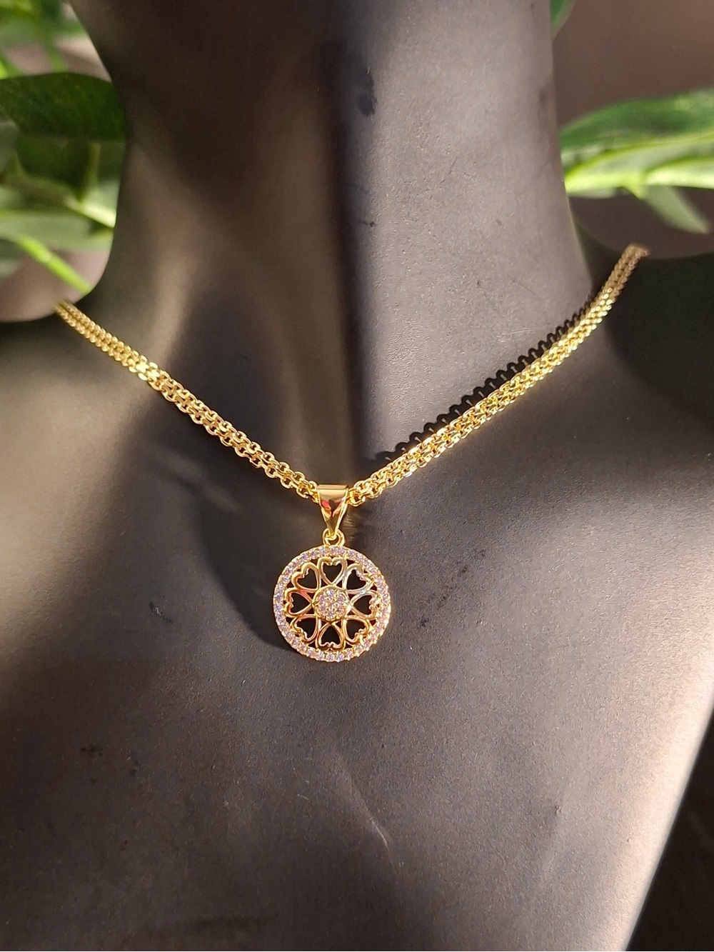 Gold-Filled 18” Floral Heart Medallion Necklace Clear Stone Accents